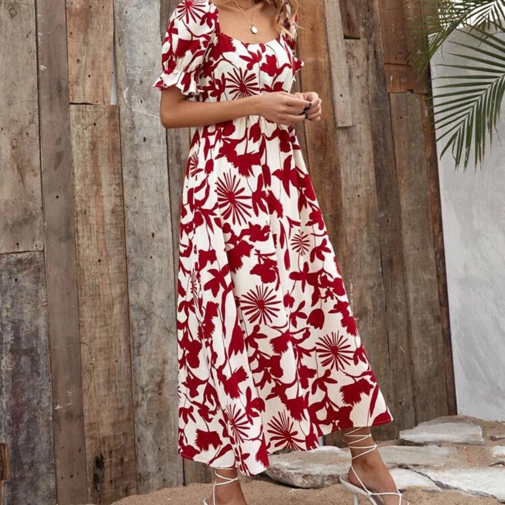 Floral Print Square Neck Dress-Size XL(12)-SHEIN